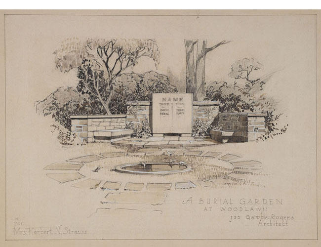Monument and bird bath designed by James Gamble Rogers (architect of Butler Library) in 1939 for the Edward and Millie Kuhn lot in Knollwood plot. Avery Library, Drawings & Archives, Woodlawn Cemetery Records. Rogers Monument